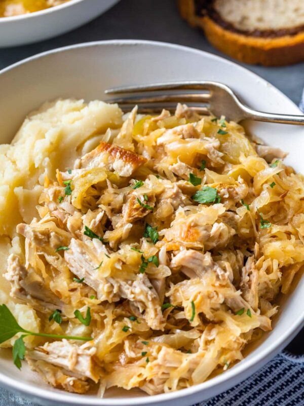shredded pork and sauerkraut served in a bowl with mashed potatoes