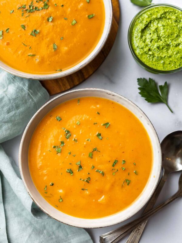 2 bowls of potage with garnishes