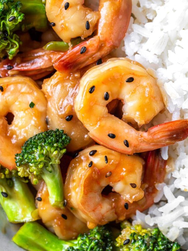 an upclose view of shrimp and broccoli
