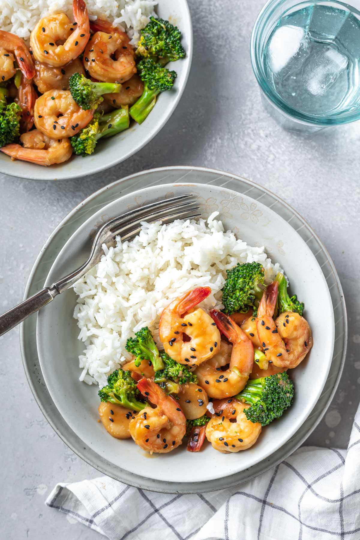 arrial view of plate full of broccoli shrimp and rice