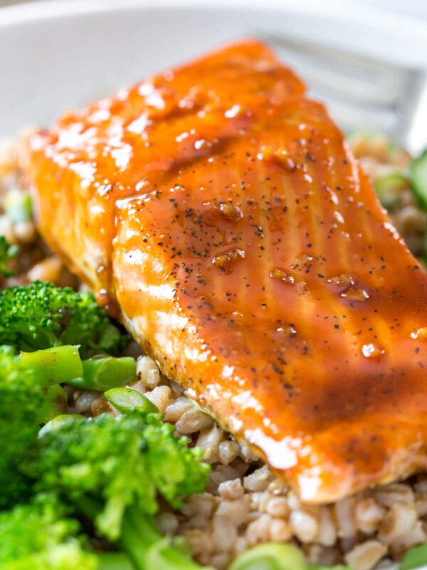 a close up view of maple glazed salmon on top of a bed of rice