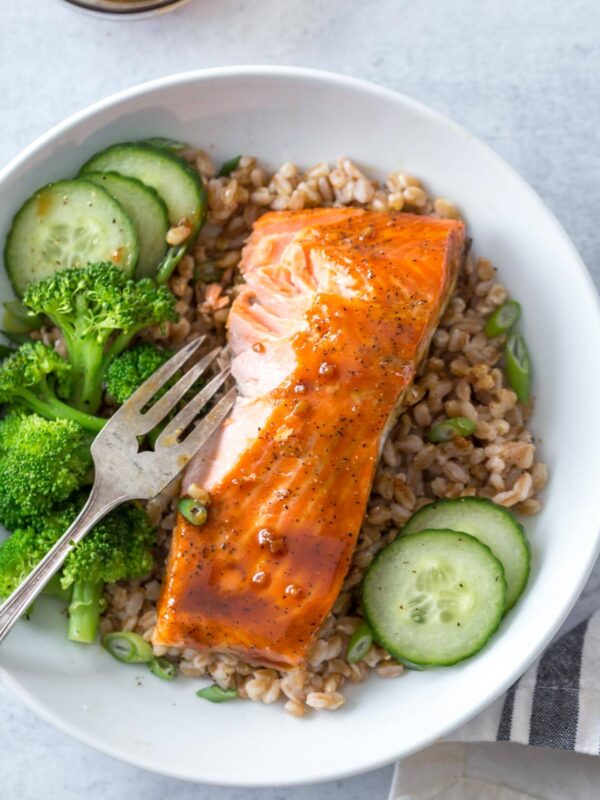the inside view of a cooked maple glazed salmon