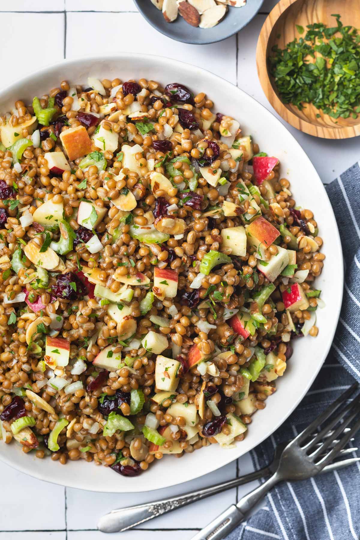 a plate full of wheat berry salad