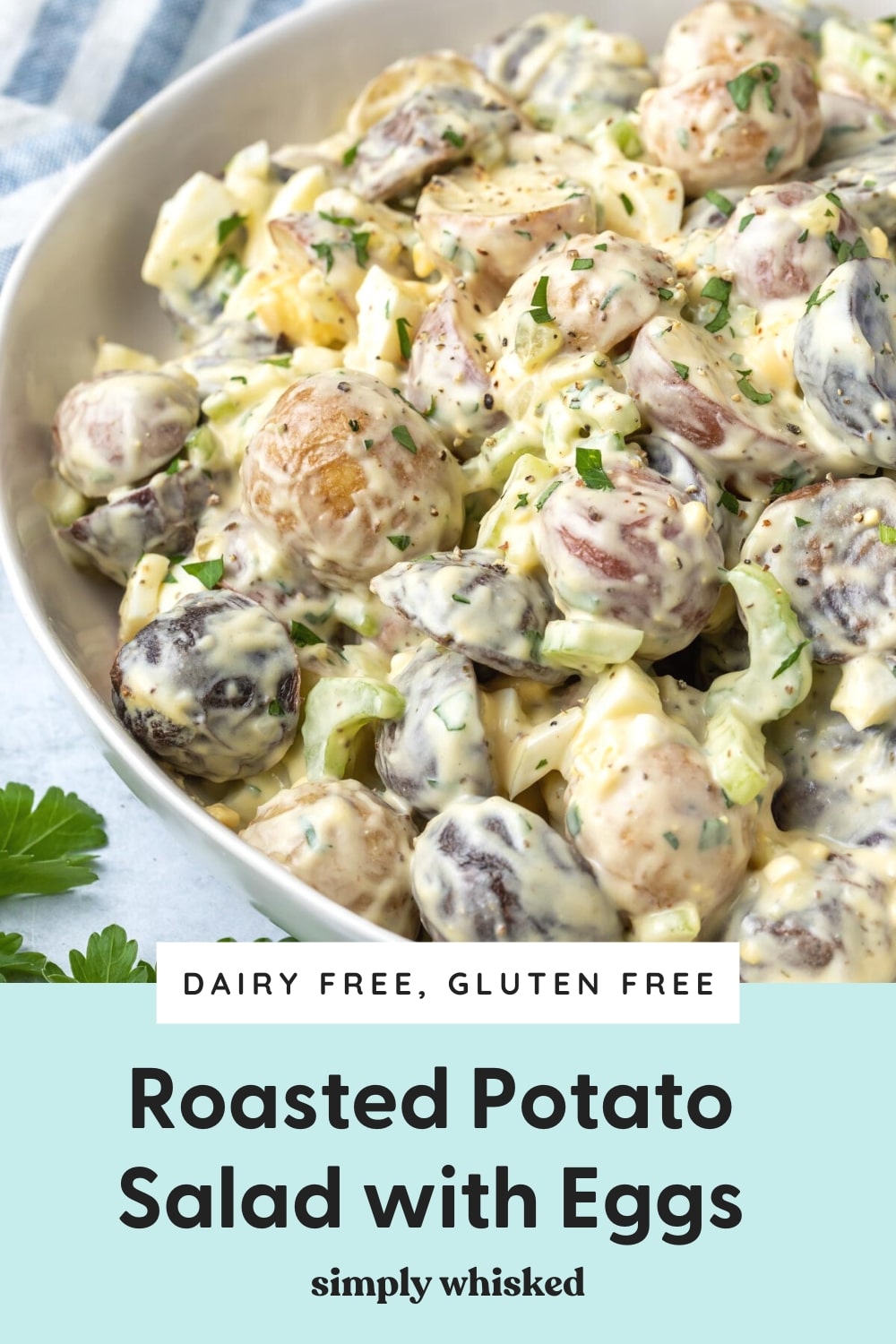 roasted potato salad with eggs (image has text overlay for Pinterest)