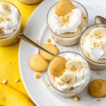 vegan banana pudding in small cups on a serving platter