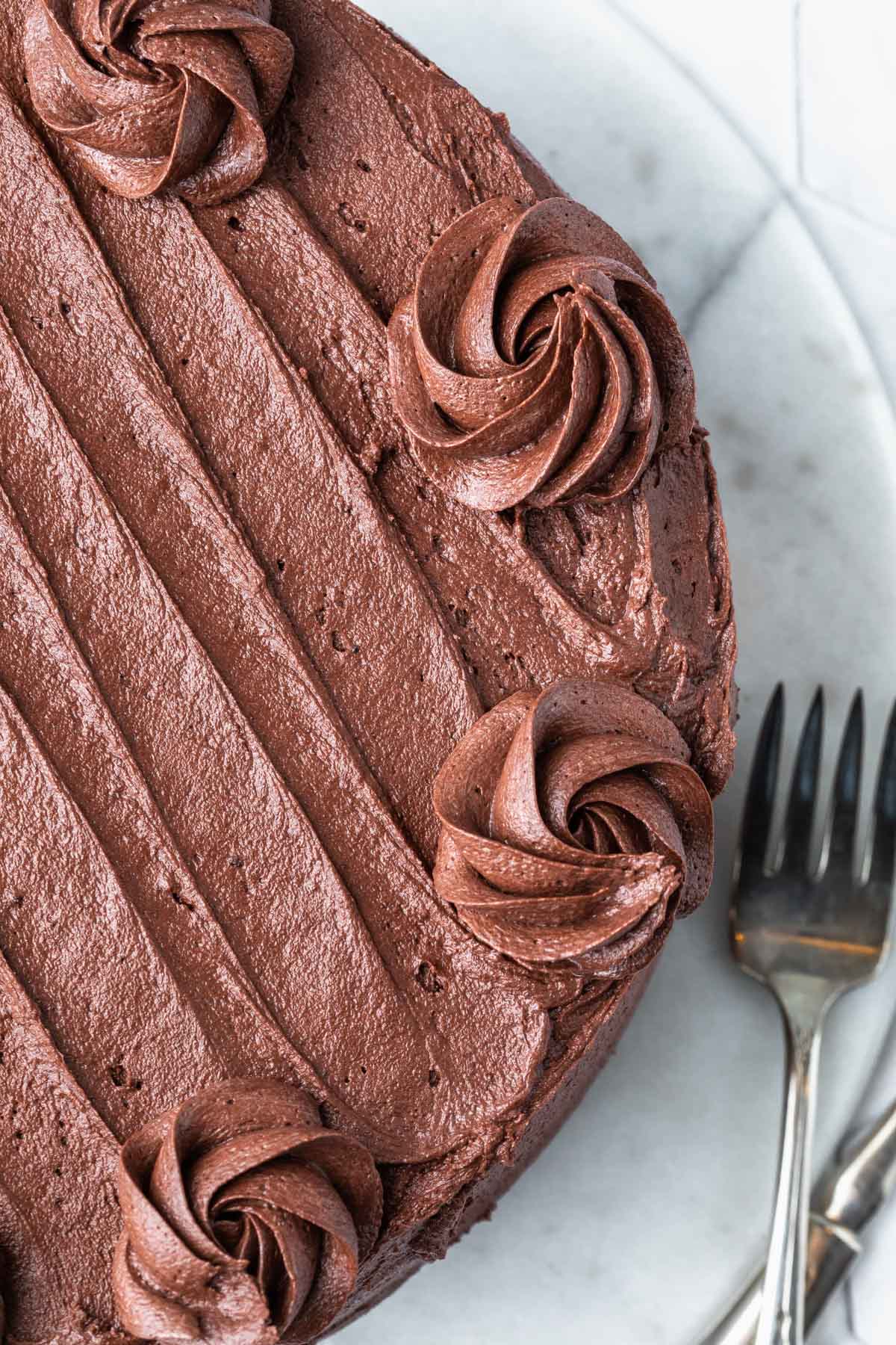 closeup of the top of a chocolate cake decorated with frosting rosettes