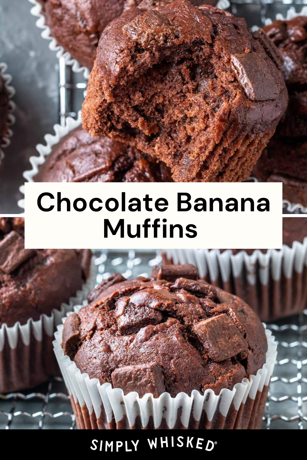 Close-up of chocolate banana muffins with chocolate chunks, some in white paper liners on a cooling rack. One muffin is split open, showing its moist, chocolatey inside. Text reads Chocolate Banana Muffins..