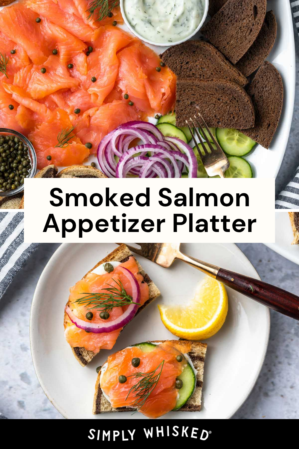 Indulge in our smoked salmon appetizer platter, featuring dark bread, cucumber, red onion, capers, fresh dill, and a flavorful sauce. Two smoked salmon appetizers are artfully arranged on a plate with a lemon wedge, fork, and napkin. Text: Smoked Salmon Appetizer Platter.