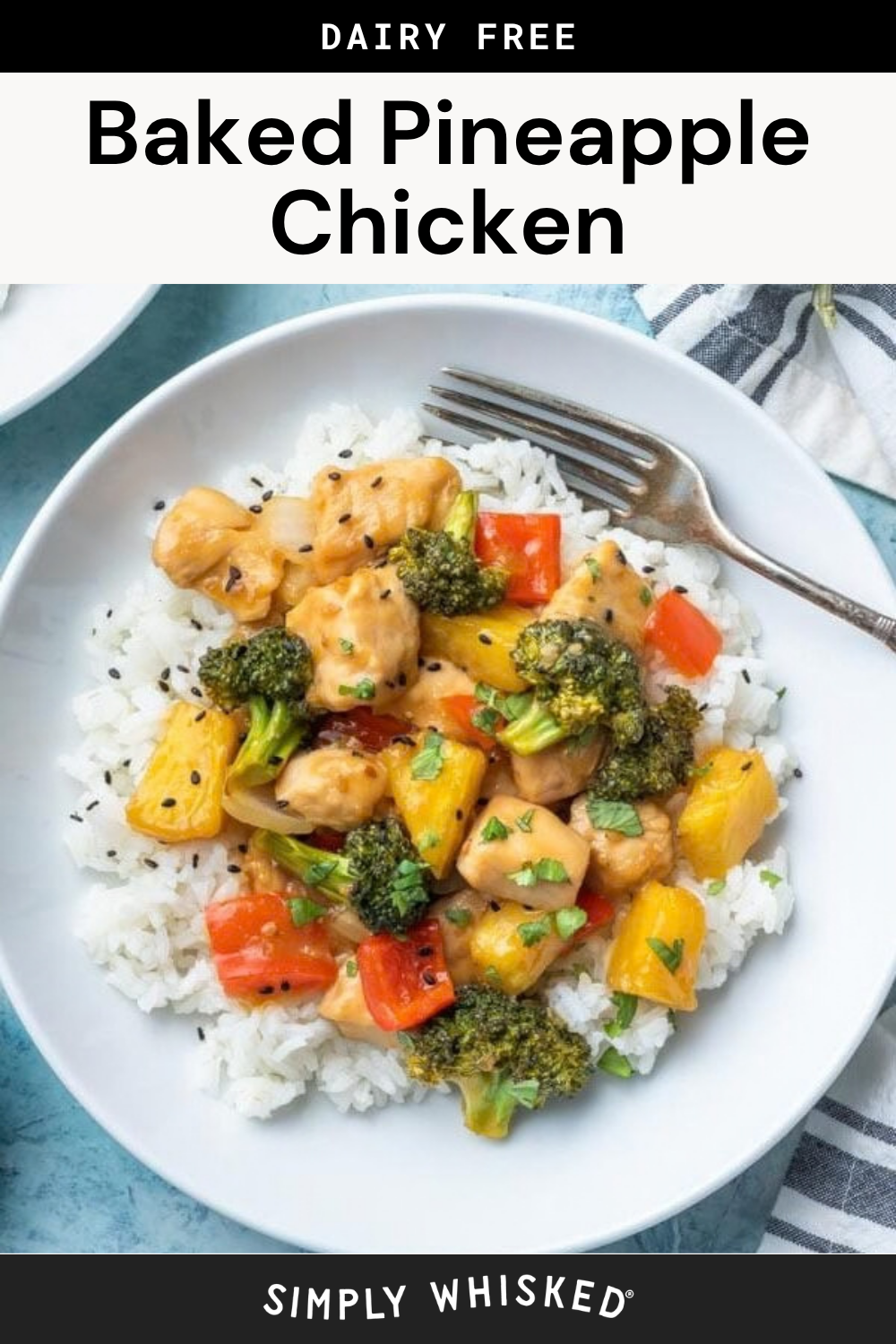 A delicious plate of pineapple chicken is served with broccoli, red peppers, and sweet pineapple chunks over fluffy white rice, garnished with fresh herbs and accompanied by a fork on the side.