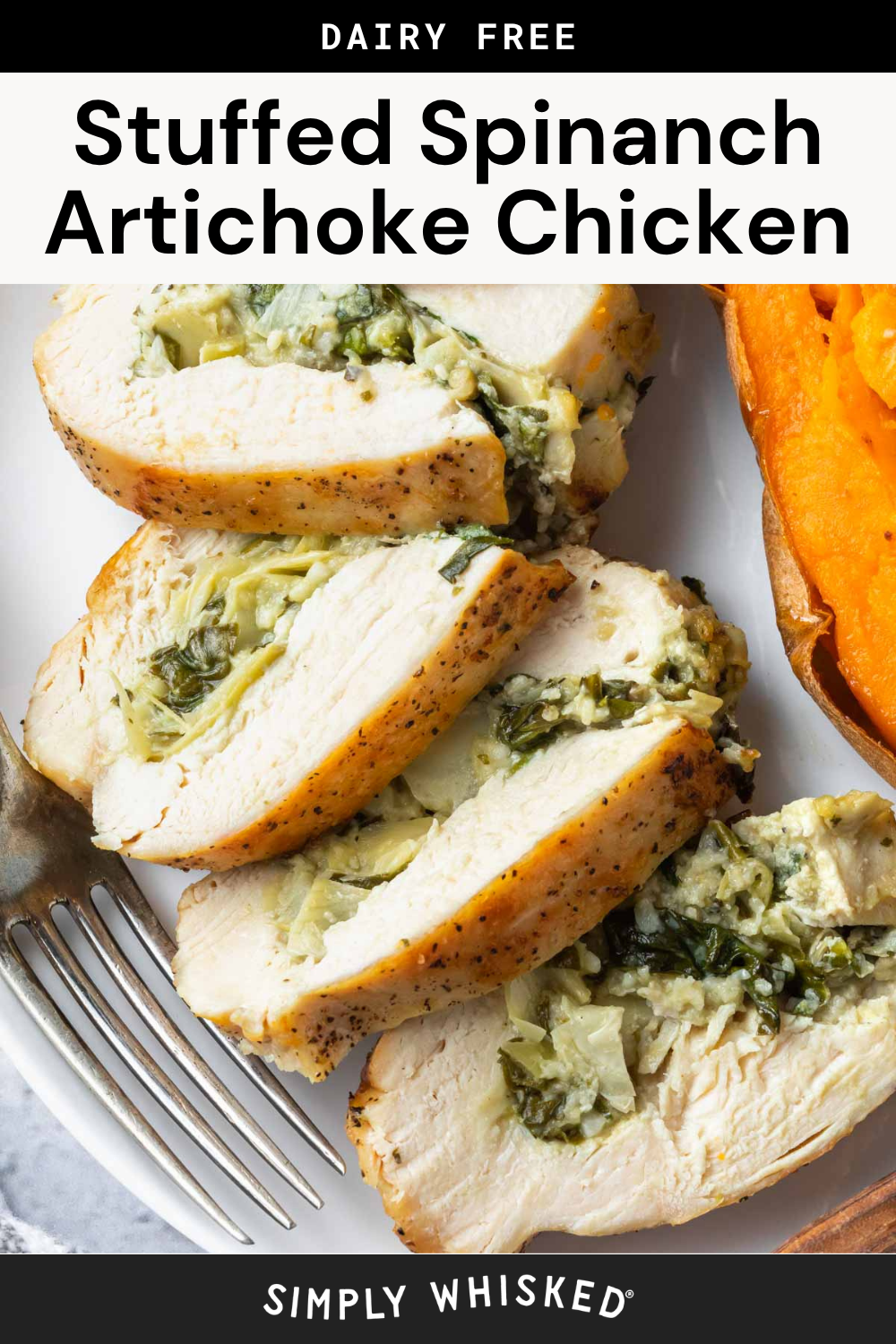 Sliced skinny spinach artichoke chicken breast, filled with a flavorful blend and reminiscent of a skillet classic, served with a baked sweet potato on a white plate, and a fork beside the food.