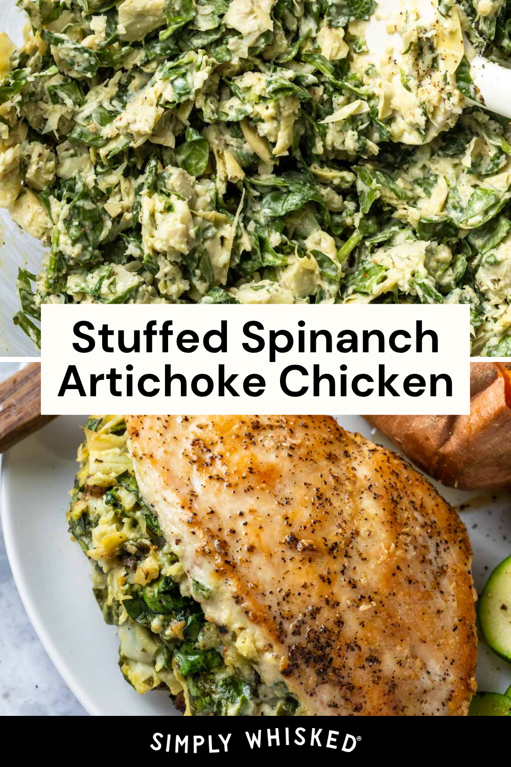 A close-up of skinny spinach artichoke chicken skillet. The top half shows a creamy spinach and artichoke filling, while the bottom half reveals tender chicken breast stuffed with the filling, served alongside sliced zucchini.