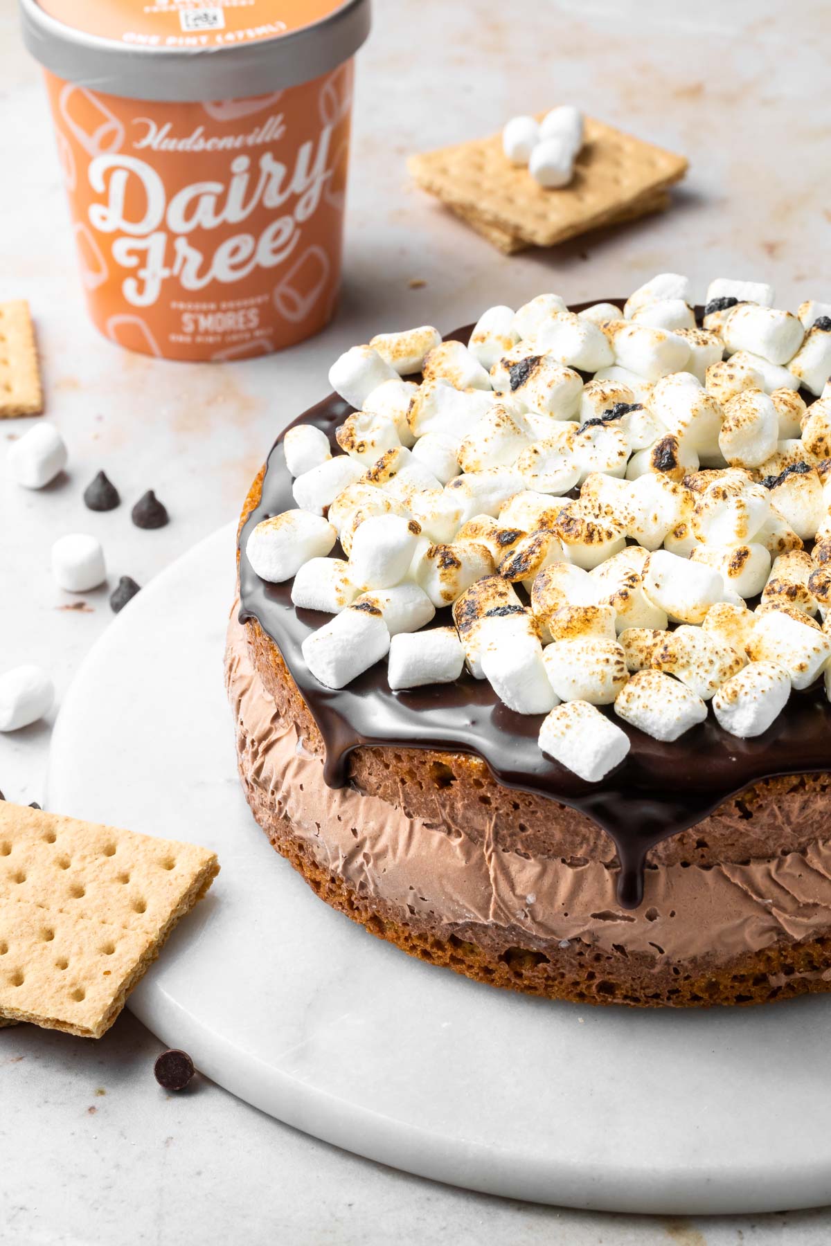 dairy free s'mores ice cream graham cracker cake topped with toasted marshmallows and hot fudge sauce