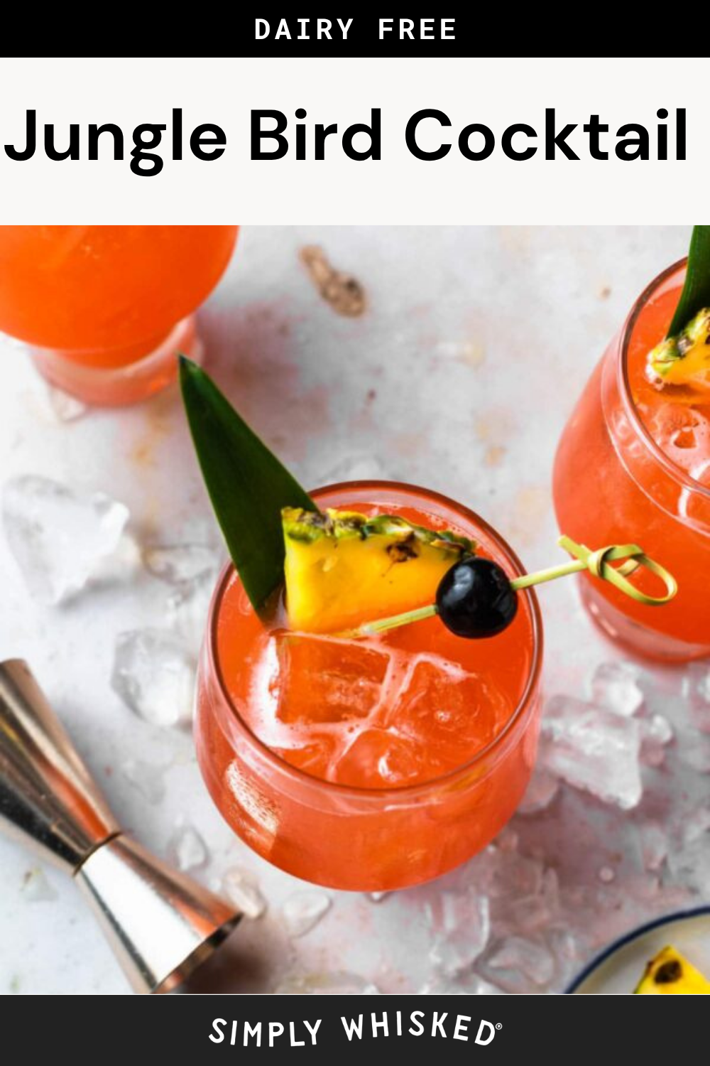 Overhead view of bright red Jungle Bird Cocktails with ice, garnished with pineapple, cherry, and pineapple leaf, surrounded by ice cubes and a metal jigger on a light surface. Text reads “Jungle Bird Cocktail” and “Dairy Free.”.