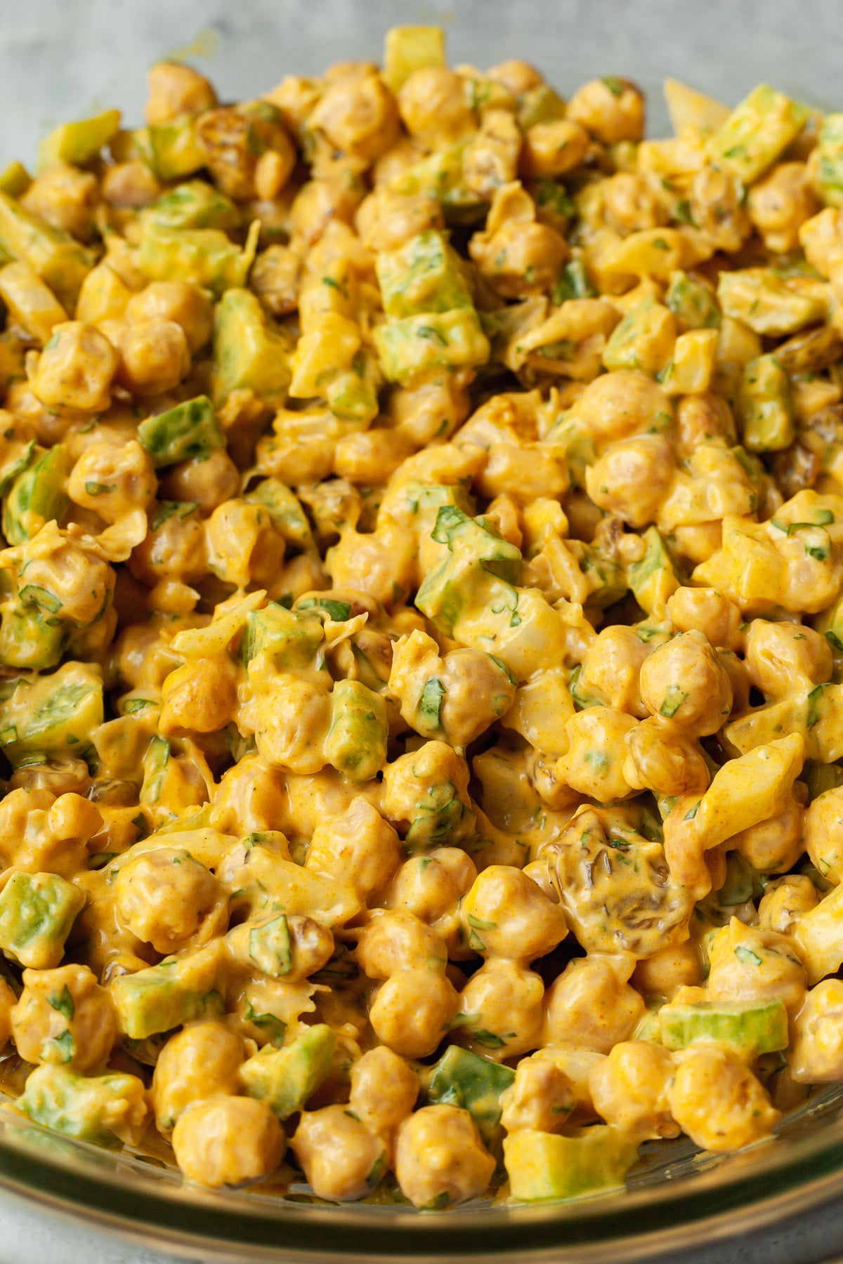 Close up shot of curry chickpea salad