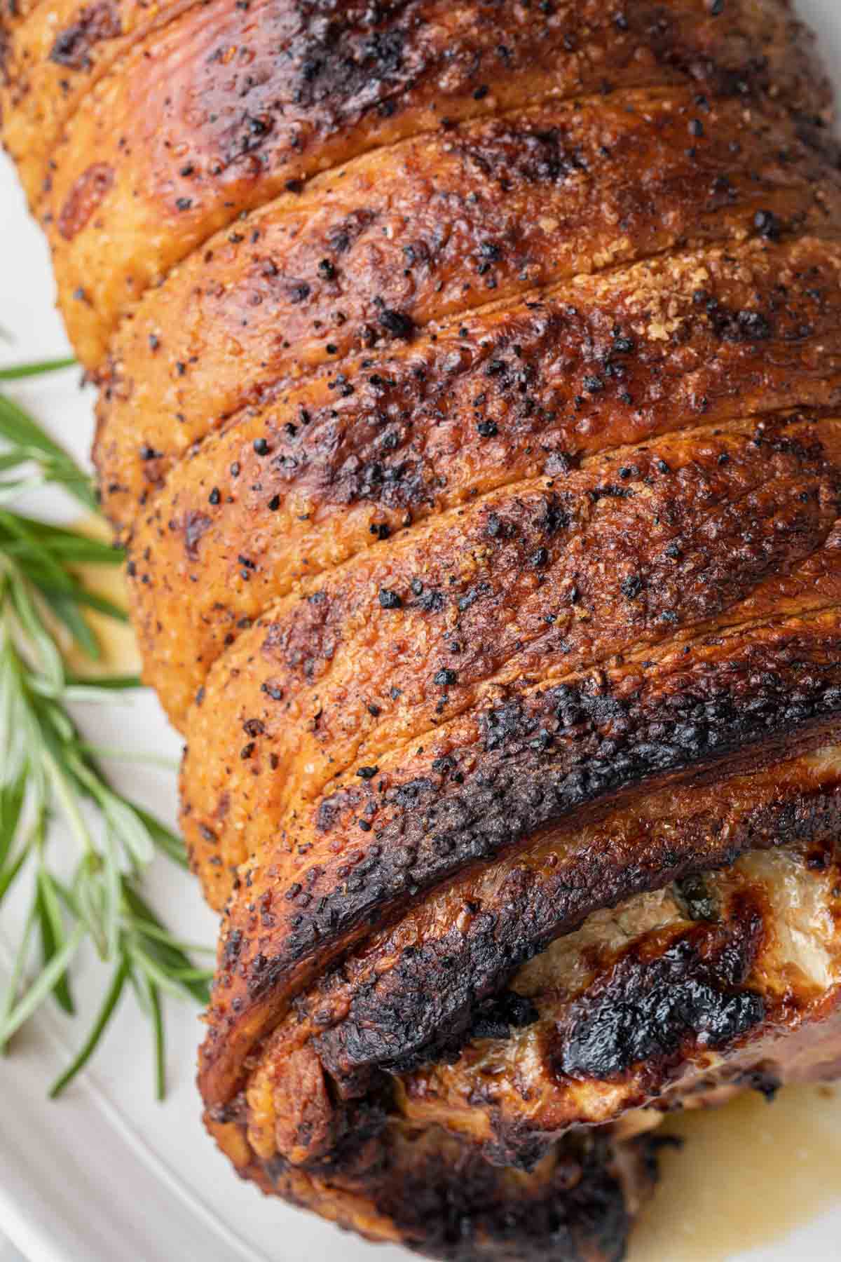 Close up of crispy pork skin on an Italian pork roast