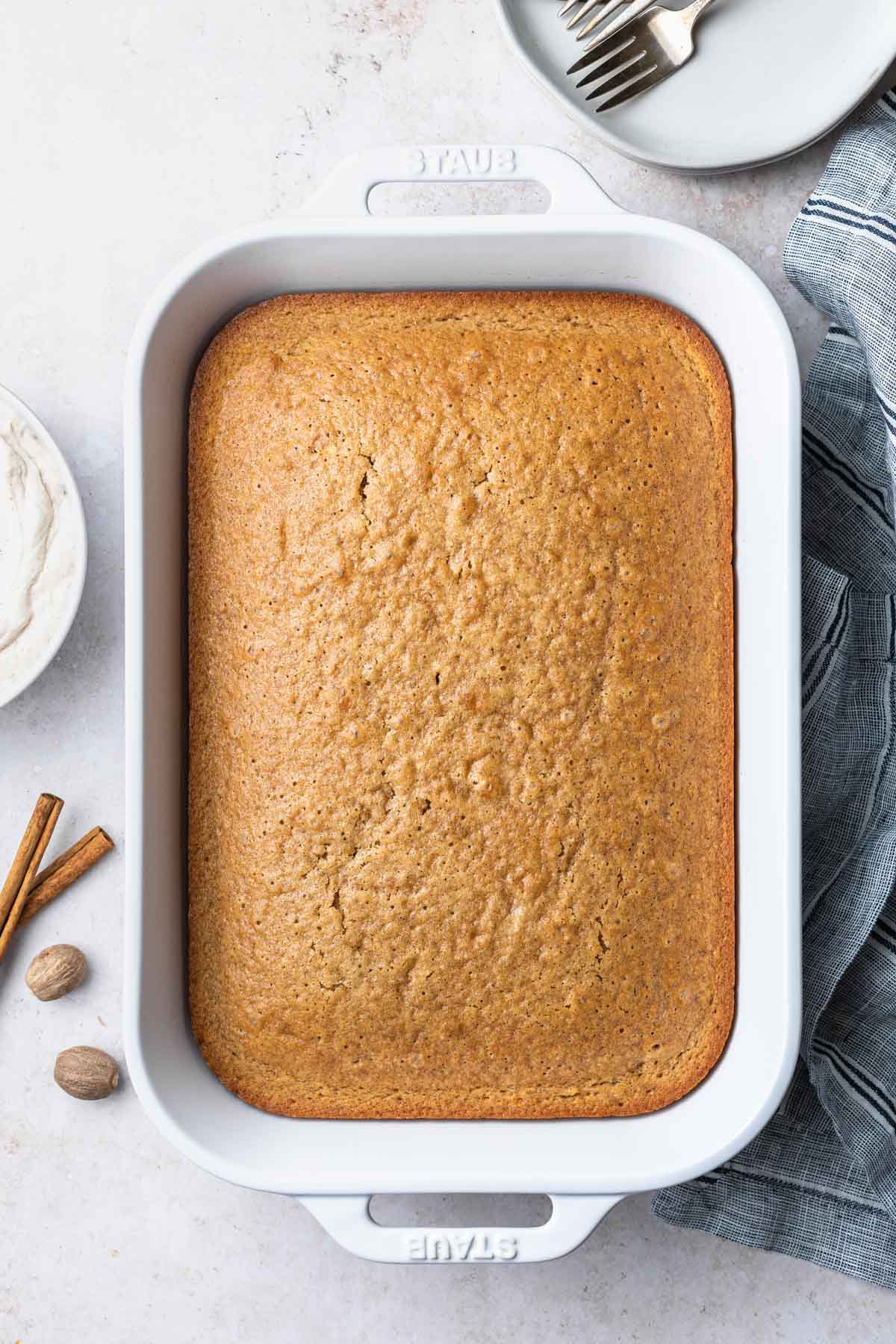 A plain baked caked in a casserole dish. 