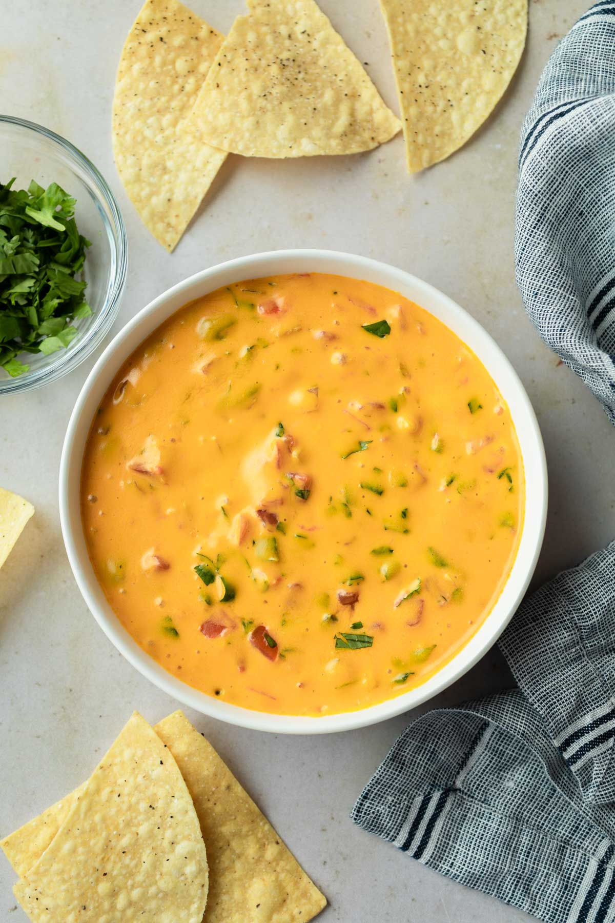 An overhead shot of a bowl of vegan queso. 