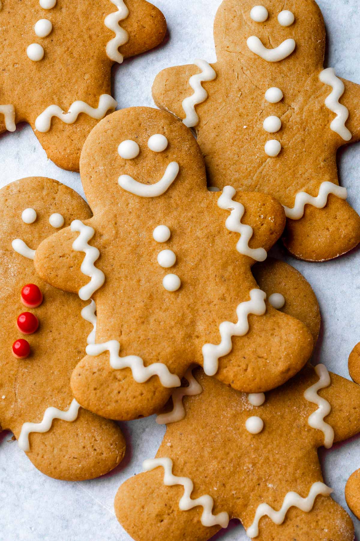 Close up of vegan gingerbread cookies decorated for christmas. 