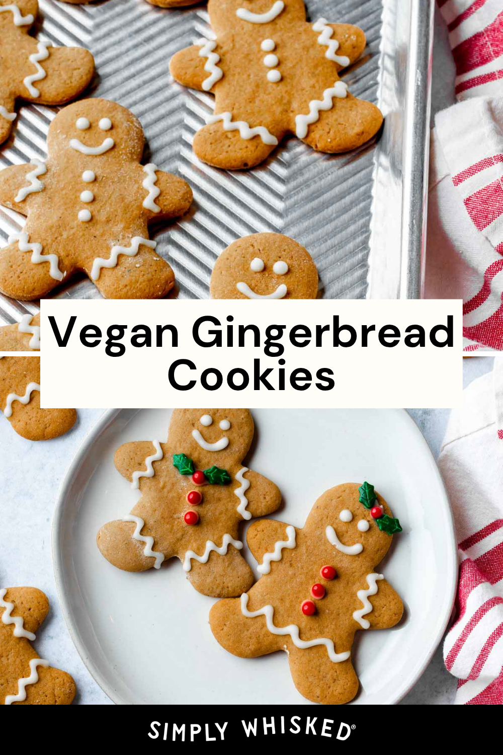 A plate and baking sheet filled with decorated vegan gingerbread cookies, some with white icing and others with red and green candy buttons. The text reads Vegan Gingerbread Cookies.