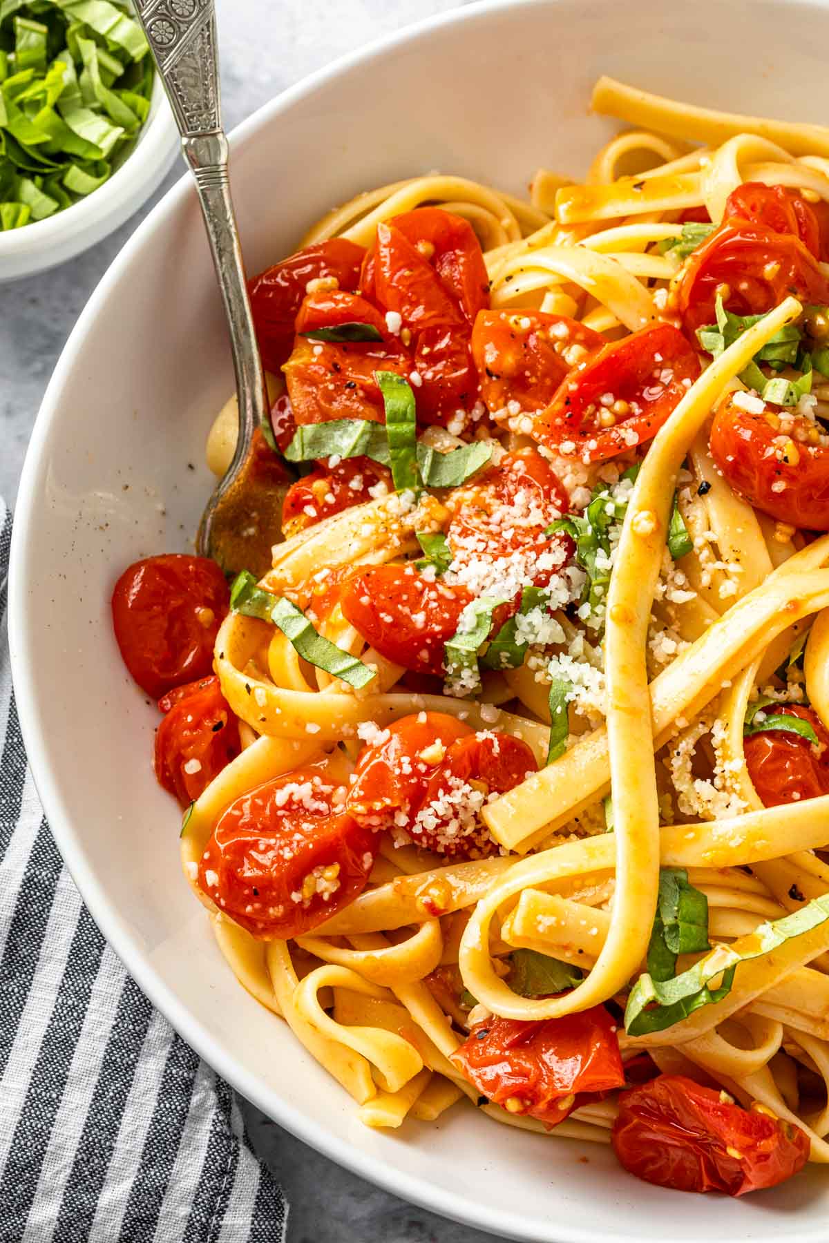 A bowl of fettuccine with roasted tomato pasta sauce and sliced fresh basil. 