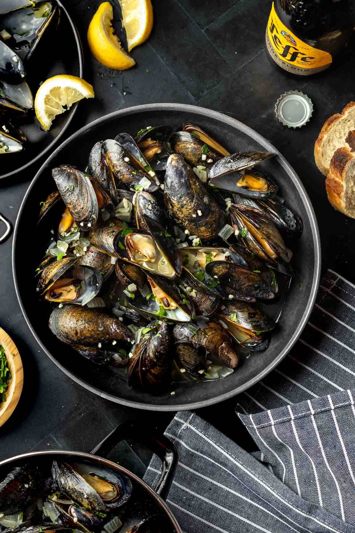 A bowl of mussels steamed in beer. 