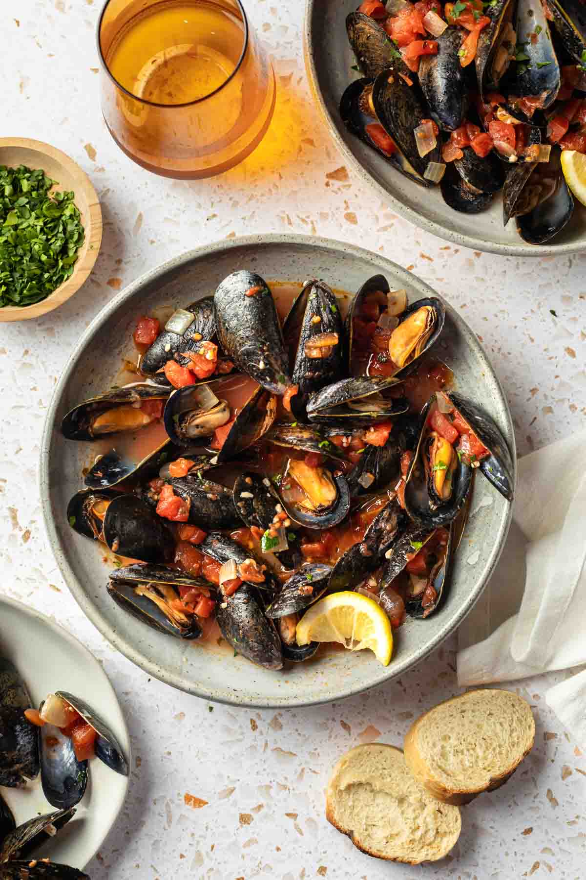 Seafood in shells in a bowl. 
