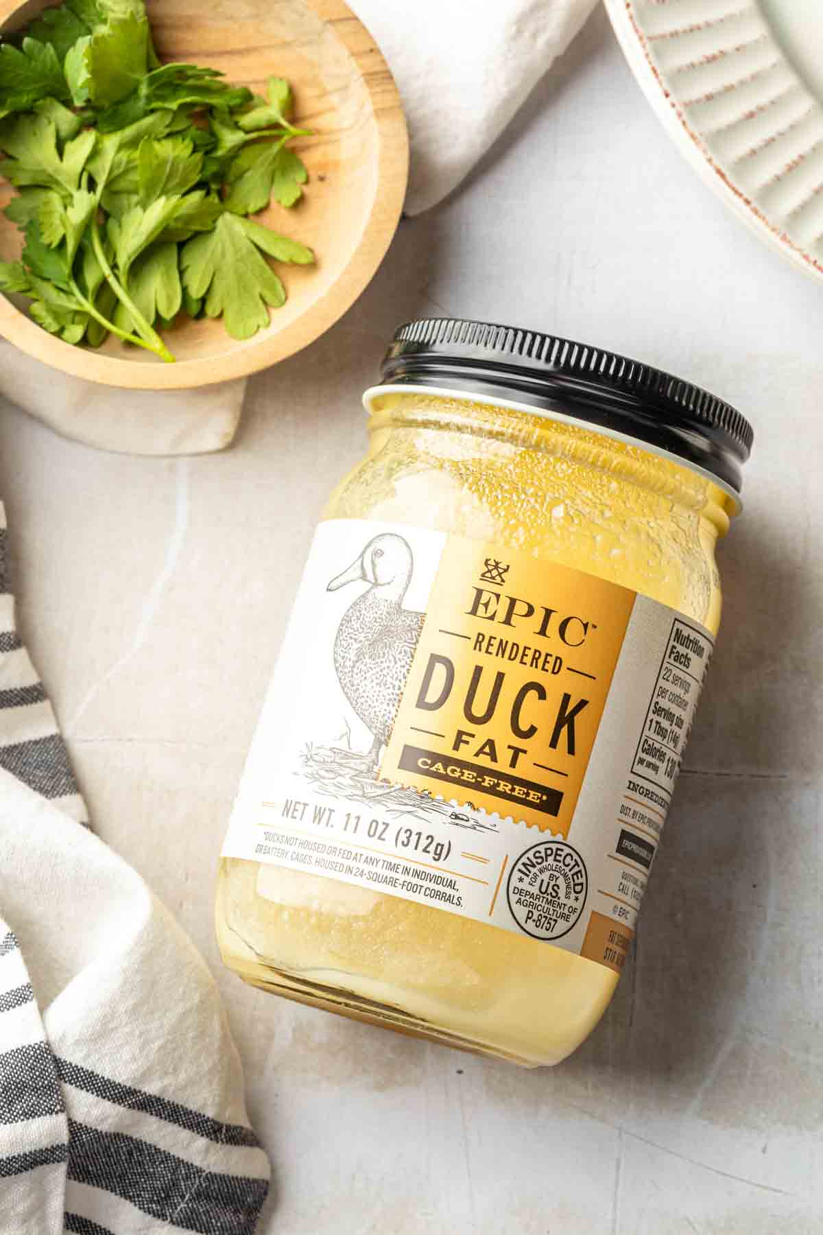 A jar of rendered duck fat. 