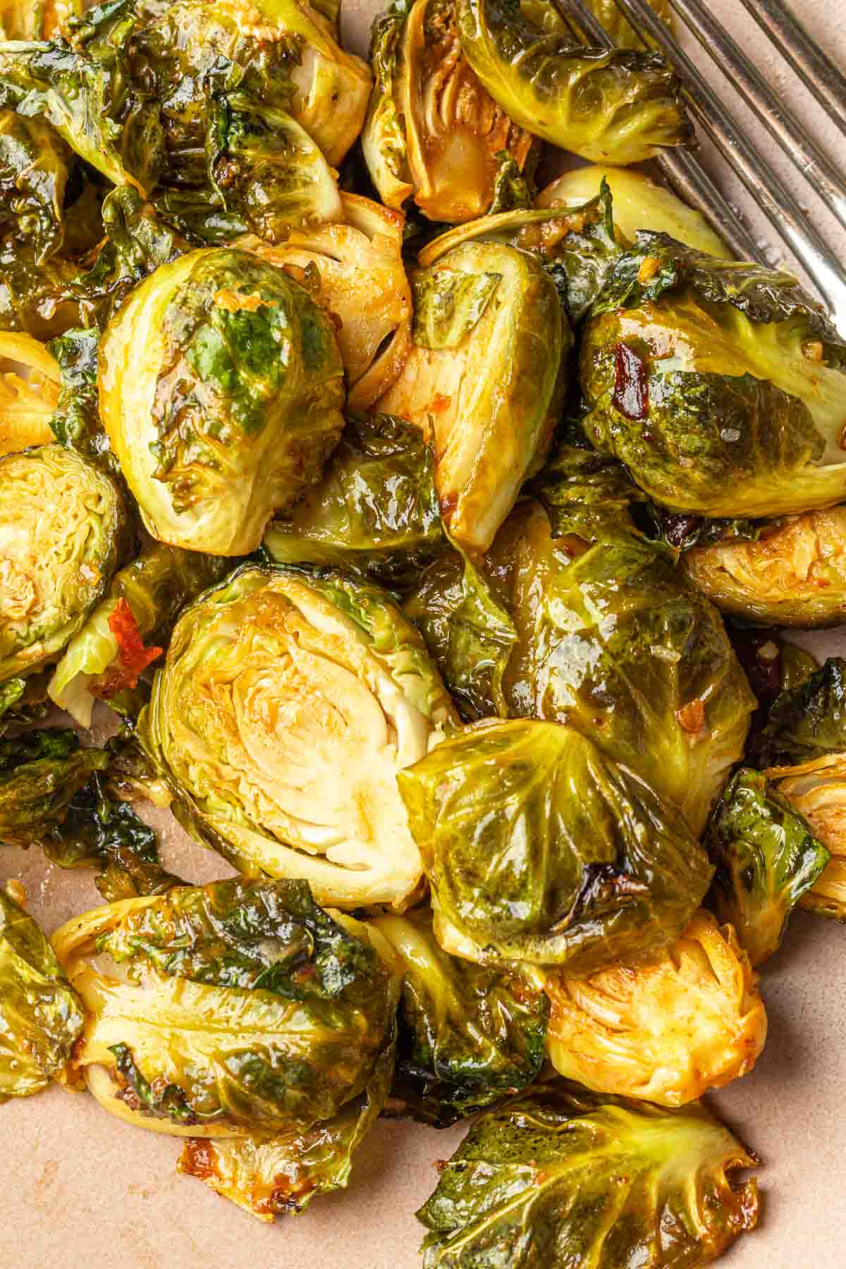 Close up of cooked chipotle brussels sprouts. 