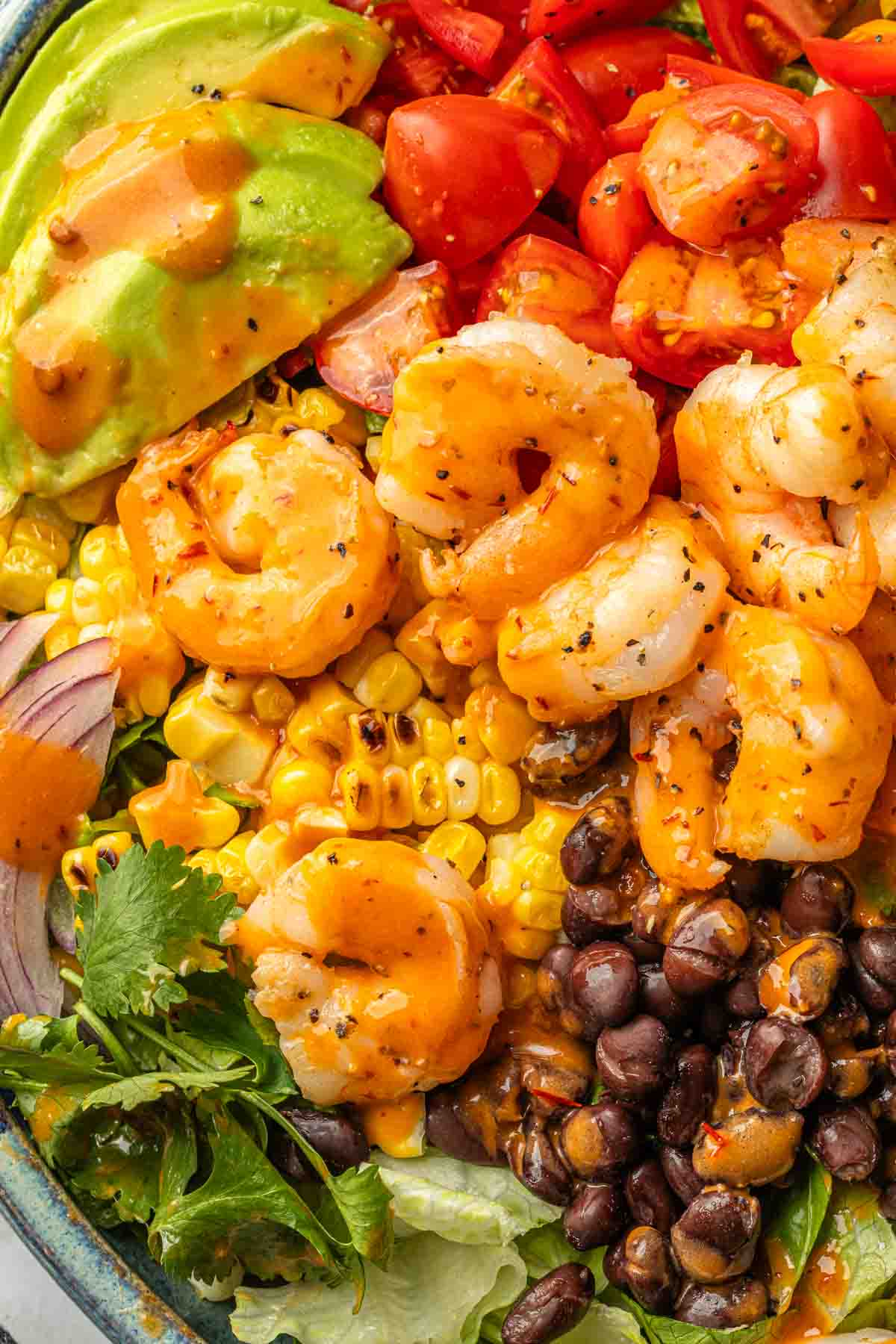 Avocado, tomatoes, pan seared shrimp, roasted corn and black beans on top of a bowl of salad lettuce drizzled with a honey chipotle dressing. 