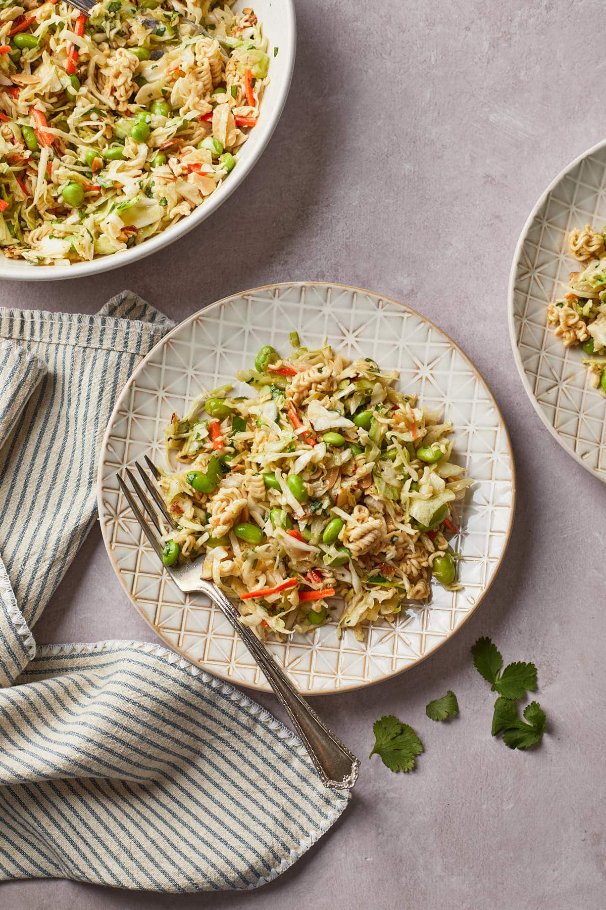 A coleslaw made with crispy noodles and edamame, on a plate with a fork. 