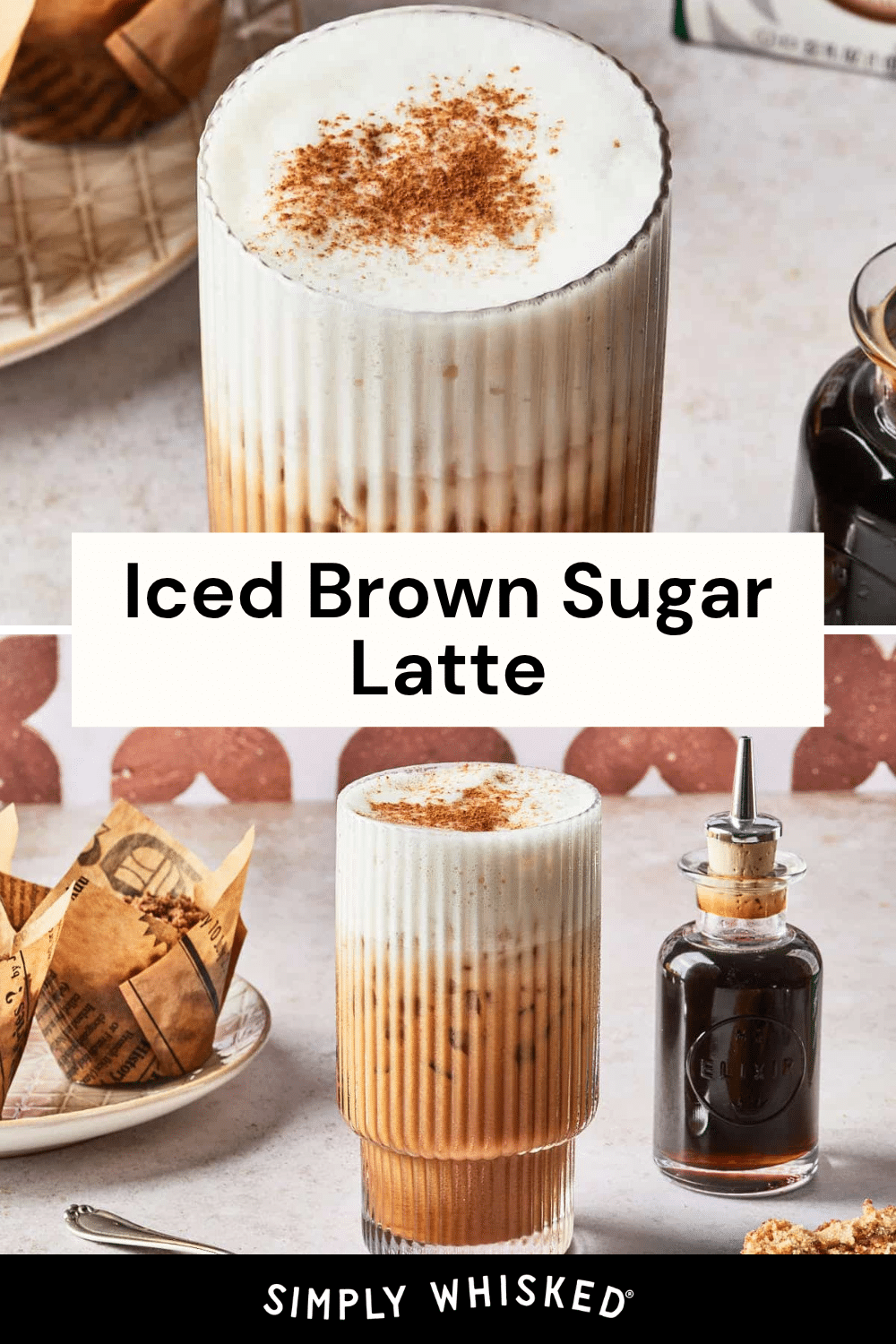 A tall glass of iced brown sugar latte topped with frothy milk and a sprinkle of cinnamon is shown on a table next to a small bottle of syrup and a plate of cookies, capturing the perfect moment for any brown sugar latte lover.
