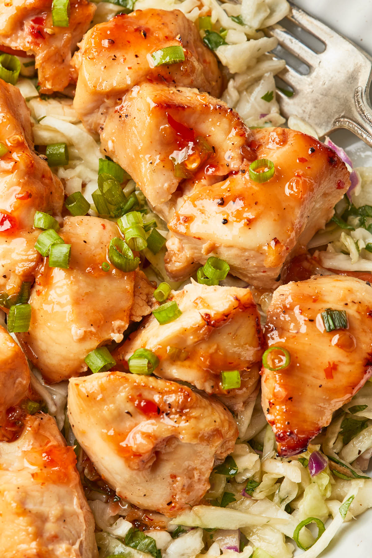 Close up of chicken skewers removed from the skewer.