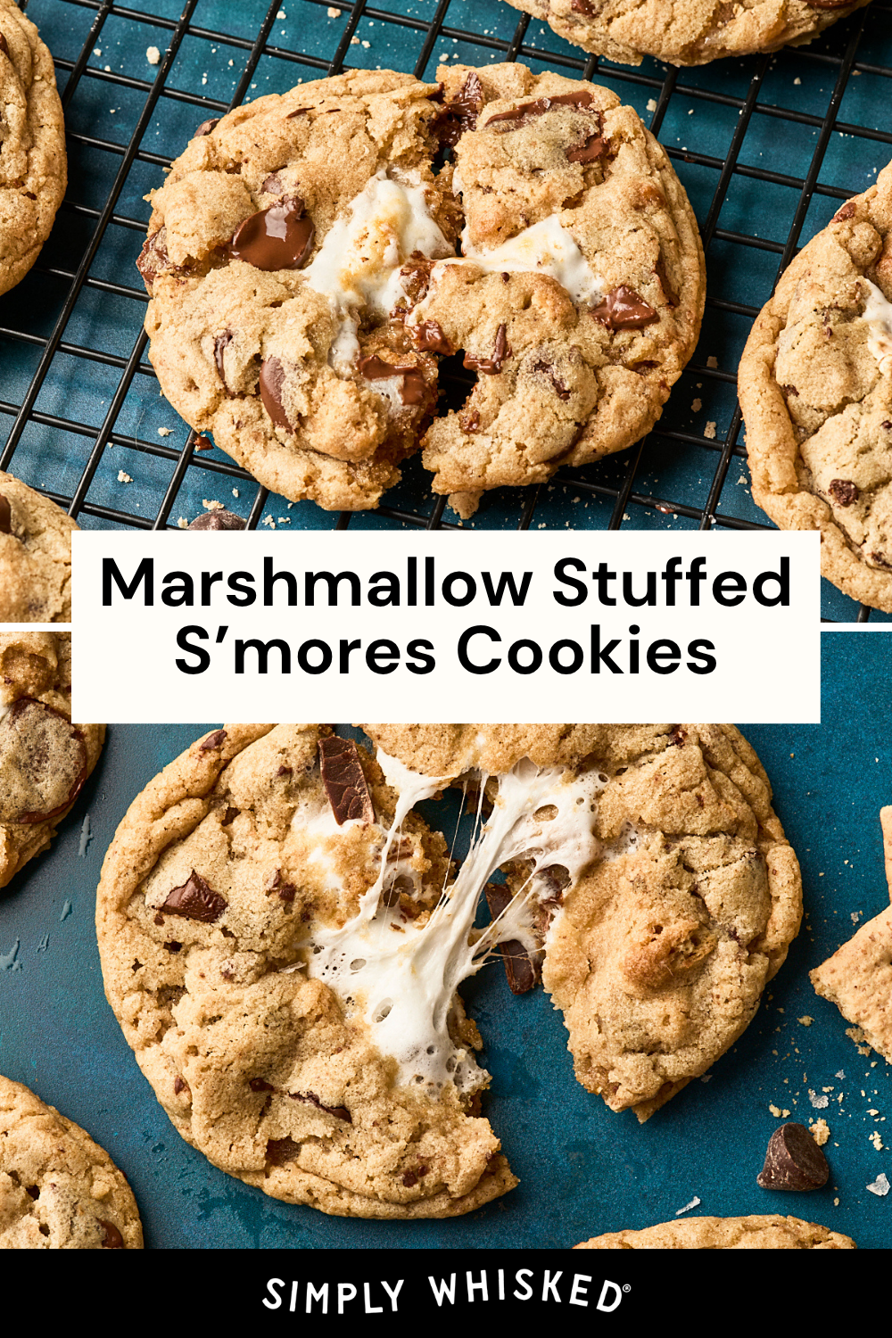 A close-up of gooey s’mores cookies stuffed with marshmallow on a cooling rack and countertop, revealing melted chocolate chunks inside. Text overlay reads “Marshmallow Stuffed S’mores Cookies.”.