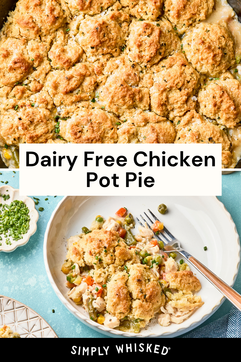 A baking dish and a plate with easy chicken pot pie with biscuits, dairy-free and topped with golden biscuits, filled with vegetables and chicken, garnished with fresh herbs.