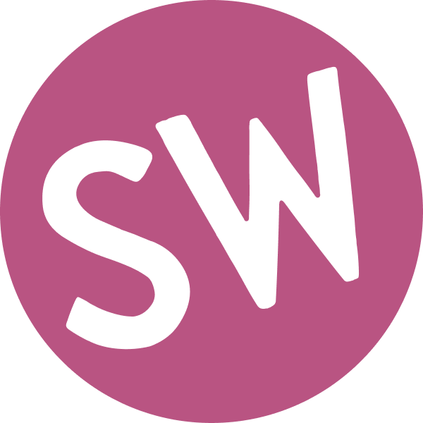 White capital letters SW are centered on a solid pinkish-purple circular background.