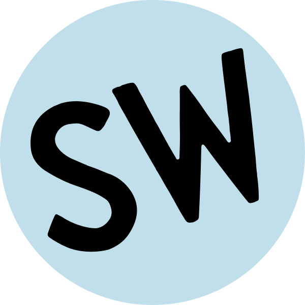 Black letters SW in a playful font are centered on a light blue circle with a white background.
