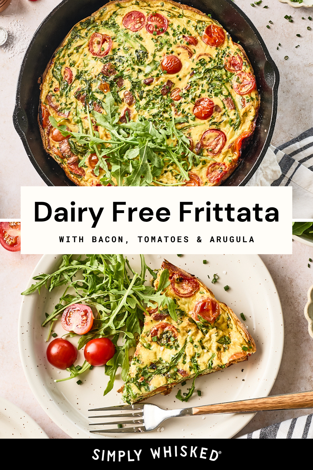 A skillet with a dairy-free frittata topped with tomatoes and arugula, next to a plate holding a slice of the frittata, fresh arugula, and cherry tomatoes. Text reads: Dairy Free Frittata with Bacon, Tomatoes & Arugula.
