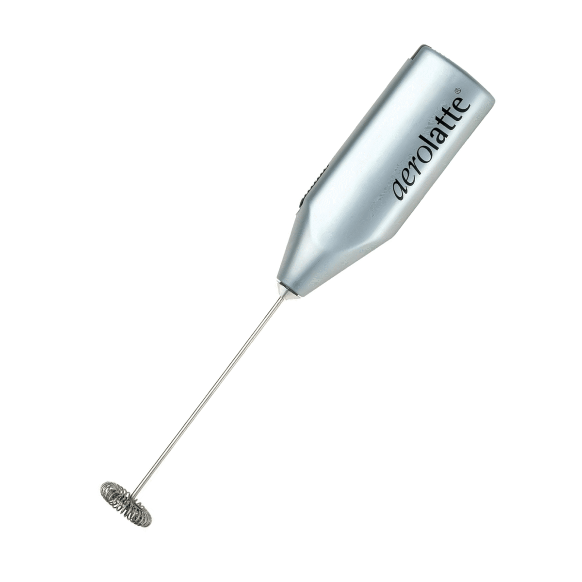 A handheld silver milk frother with a whisk attachment and the word aerolatte printed on its side, shown on a white background.