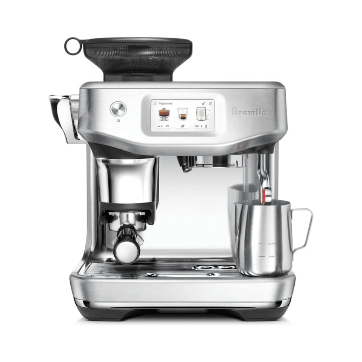 A stainless steel Breville espresso machine with a digital display, built-in grinder, steam wand, and a metal milk frothing pitcher on the tray.