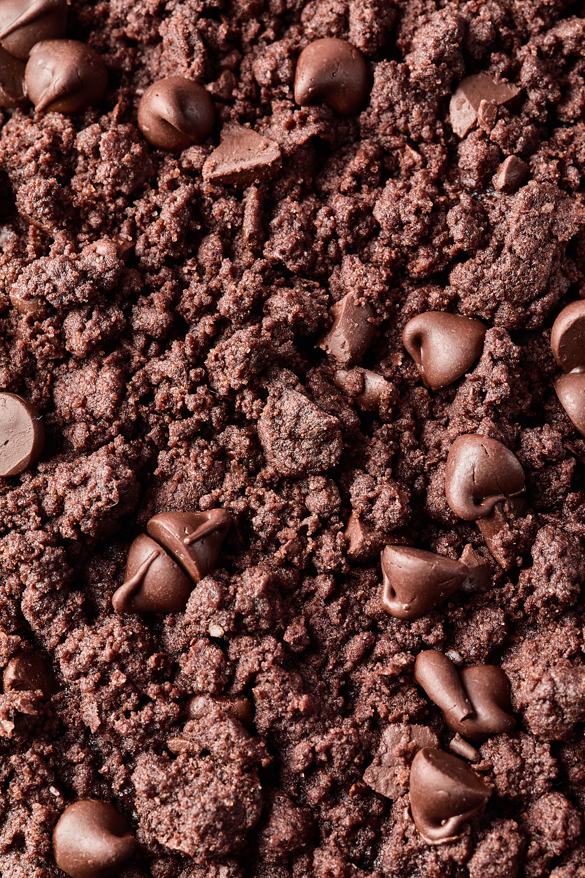 Close-up of chocolate cookie crumbs mixed with chocolate chips, creating a textured, rich brown surface. The image captures the detail of the crumbly, moist bits and scattered shiny chocolate chips throughout.
